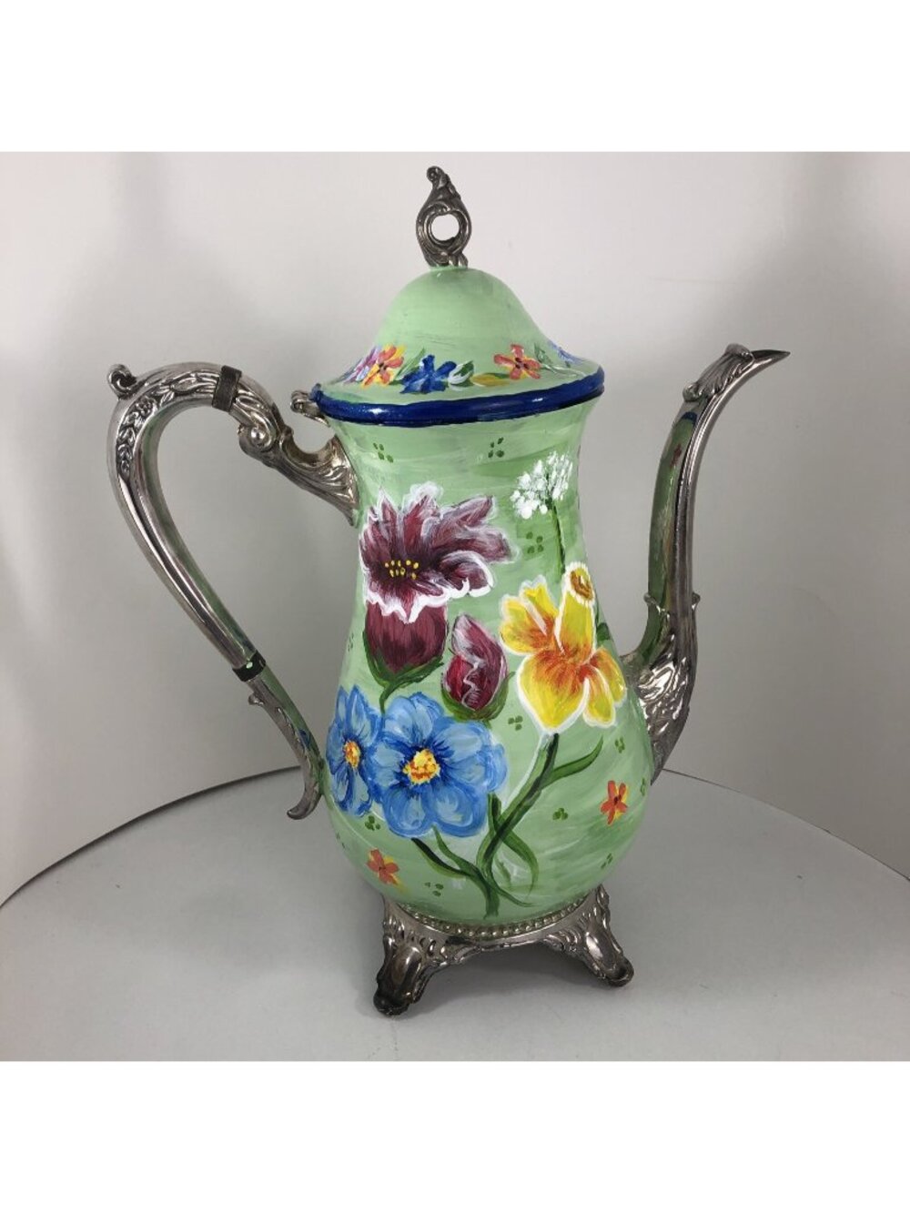 Spring Easter Hand painted Silverplated Tea Pot DECOR Mint Green Flowers